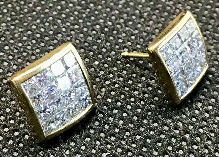 14K Yellow Gold Princess Cut Diamond Cluster Earring