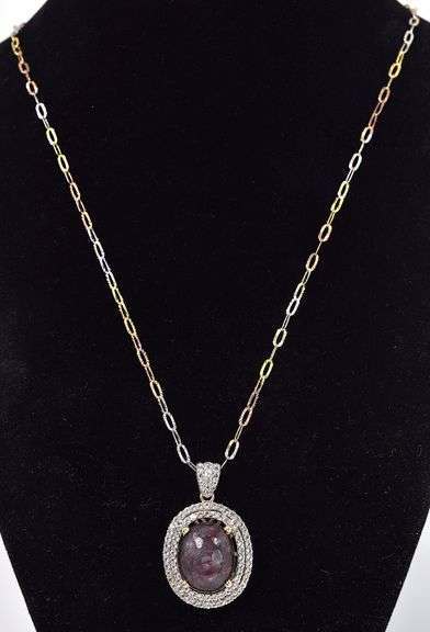 Darling Huge 18.35CTS Oval Cabochon-Cut Star Ruby & 1.75CTW Sapphire Gemstone Pendant Necklace in 14