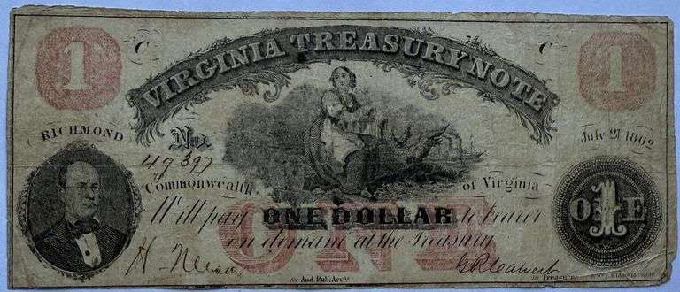 $1 Va Treasury Note July 21 1862 Series