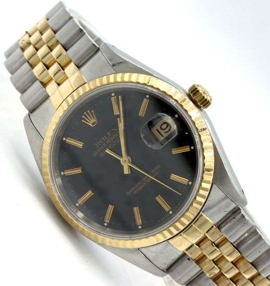 Rolex Date just 2 tone 36mm on black stick dial watch