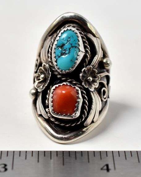 Turquoise and Coral Gemstone Ring in Sterling Silver