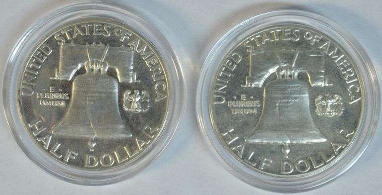 Gem Proof 1955 & 1956 Franklin Half Dollars in capsules