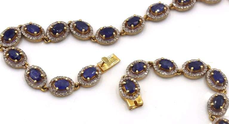 Darling 22.00CTW Oval Emerald Cut Blue Sapphire & 6.00CTW Diamond Tennis Necklace in 14K Yellow Gold