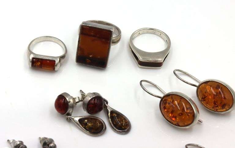 Group lot of vintage 925 sterling silver amber jewelry