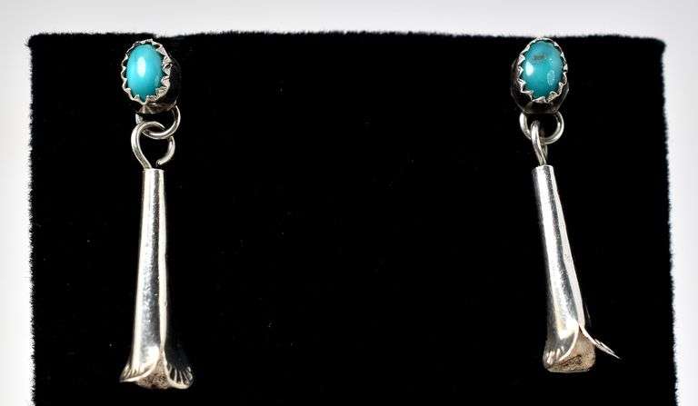 Turquoise Gemstone Squash Blossom Earrings in Sterling Silver