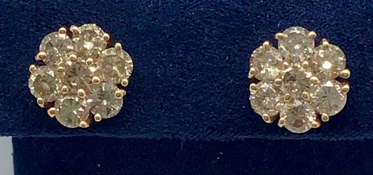 14K Rose Gold Gold Round Brilliant Cut Diamond Cluster Earring