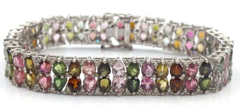 Mesmerizing 24.90CTW Pear Shaped Faceted Multi-Color Tourmaline & 2.15CTW Diamond Bracelet in 14K Wh