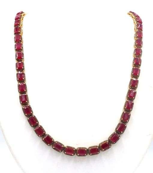 Amazing 40.00CTW Emerald-Cut Ruby & 3.50CTW Diamond Necklace in 14K Yellow Gold Over Sterling Silver