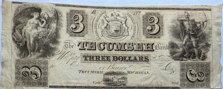 Obsolete $3 Tecumseh Bank of Michigan