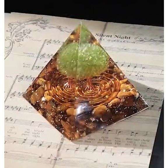 Tree of Life Peridot and Tiger's Eye Crystal Pyramid