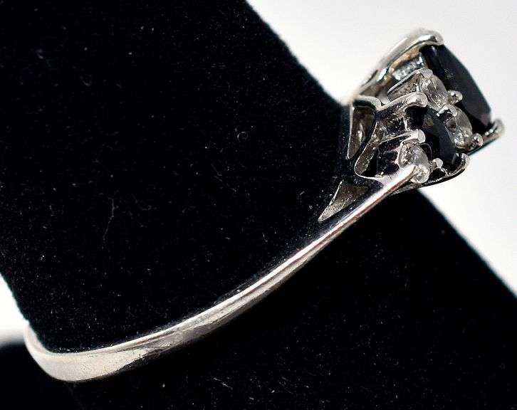 Blue Sapphire and Cz Ring in Sterling Silver