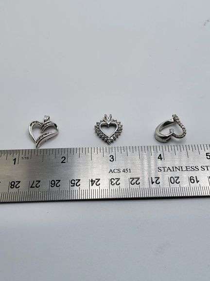 3 Very Nice group lot of 14k white gold heart pendents with diamond