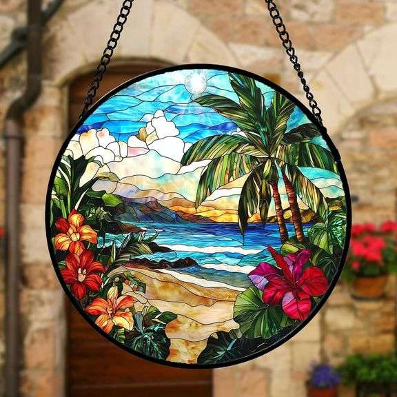 Tropical Beach Scene Stained Glass Suncatcher