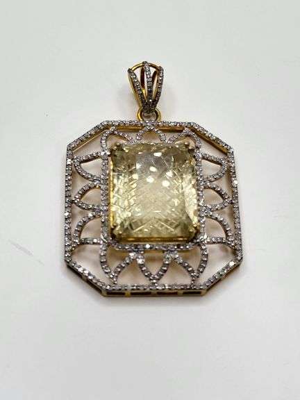 Massive 79.0 ct Lemon-Cut Natural Quartz Pendant with Diamond Accents in Sterling Silver