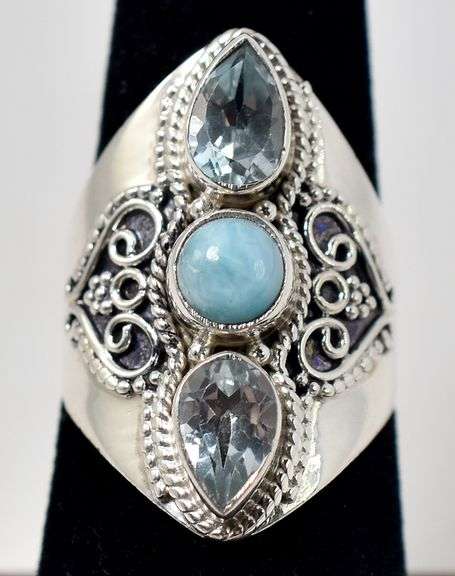 Blue Topaz and Larimer Gemstone Ring in Sterling Silver