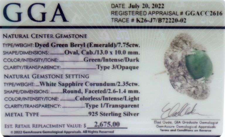 Darling 7.75CTS Oval Shaped Cabochon-Cut Natural Emerald & 2.35CTW Round Single-Cut Faceted White Sa