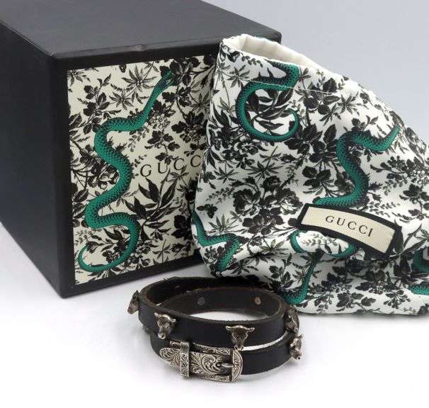 Gucci Anger forest bull head silver and leather wrap bracelet