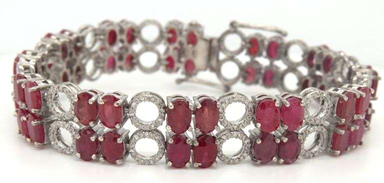 Enamoring 32.00CTW Oval Faceted Ruby & Diamond Bracelet in 14K White Gold Over Sterling Silver
