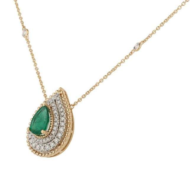 New 1.61ct Pear Emerald and 0.58ctw Diamond Double Frame Pendant Necklace in 14K