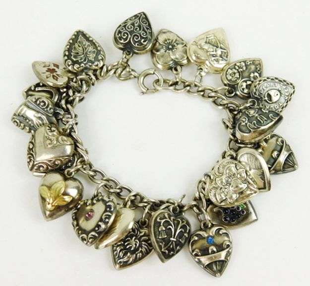 Antique Sterling Silver Puffy Heart Charm Bracelet