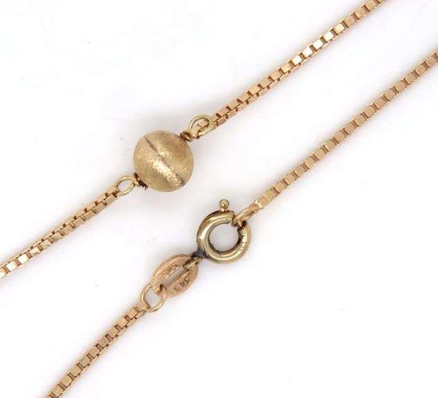 14kt Yellow gold box chain textured bead station necklace