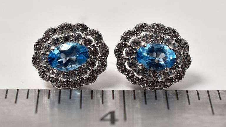Blue Topaz and CZ Gemstone Stud Earrings in Sterling Silver