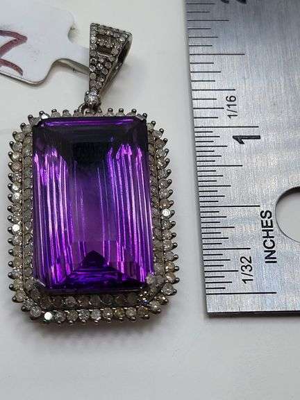 Striking 26.84ct Emerald-Cut Amethyst Pendant with 1.61ct Natural Diamonds in Sterling Silver
