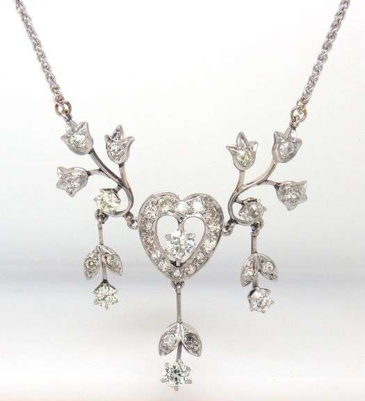 Vintage heart flower diamond dangle pendant on chain necklace in white gold