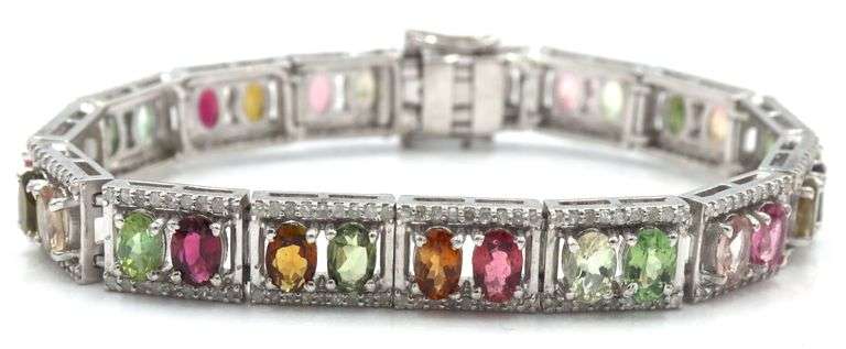 Sparkling 13.75CTW Oval Emerald-Cut Multi Colored Tourmaline & 2.02CTW Diamond Bracelet in 14K White