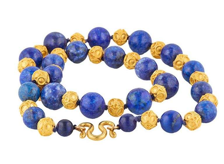 Blue Lapis Lazuli Intaglio Cylinder Beaded Station Necklace in 22K