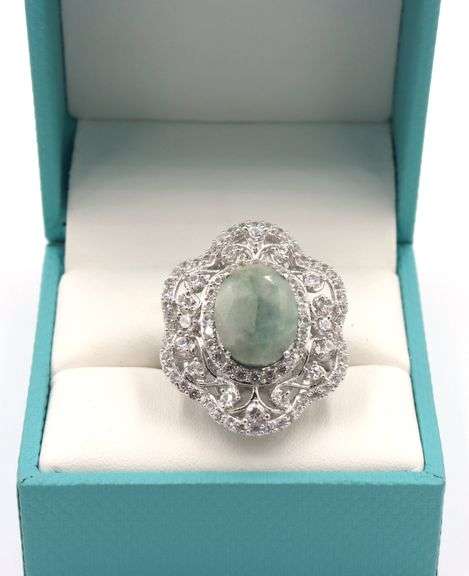 Exquisite 7.75CTS Oval Shaped Cabochon-Cut Emerald & 2.35CTW White Sapphire Ring in Sterling Silver