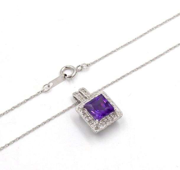 10kt White gold square amethyst and diamond halo pendant on chain