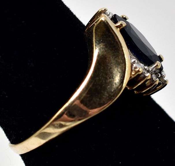 Elegant 10K Yellow Gold Blue Sapphire and Diamond Ring