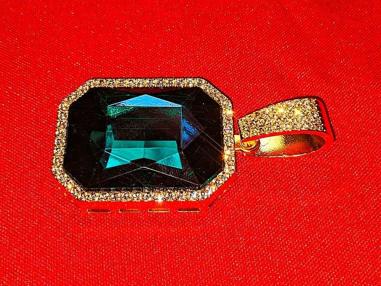 14 K Gold Plated Huge 62.5 Ct Simulated Emerald Diamond Pendant
