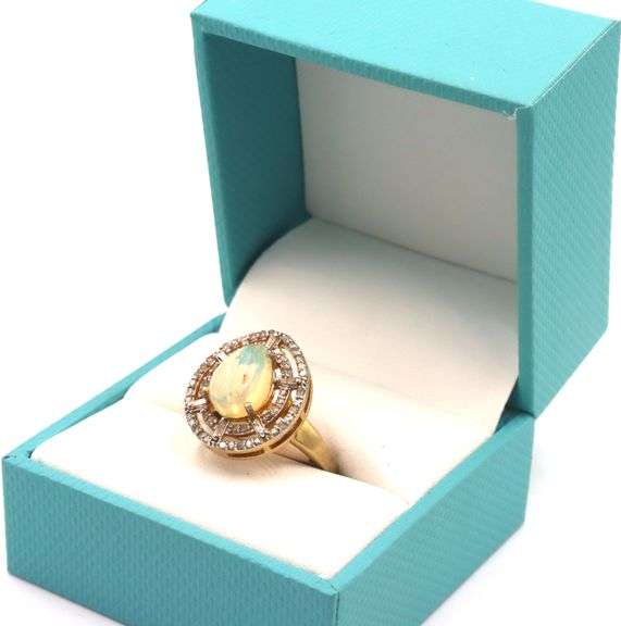Lovely 1.90CTS Pear Shaped Cabochon-Cut Ethiopian Opal W/ Fire & Diamond Ring on 14K Yellow Gold pla