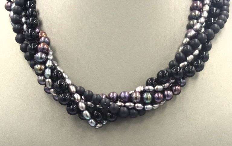 Multi strand black onyx and pearl necklace