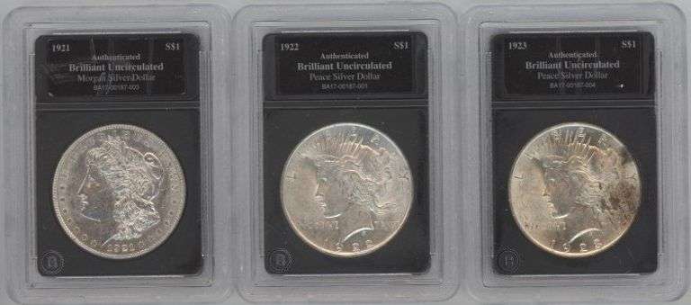 Brilliant Uncirculated 1921, 1922, & 1923 Silver Dollars in holders