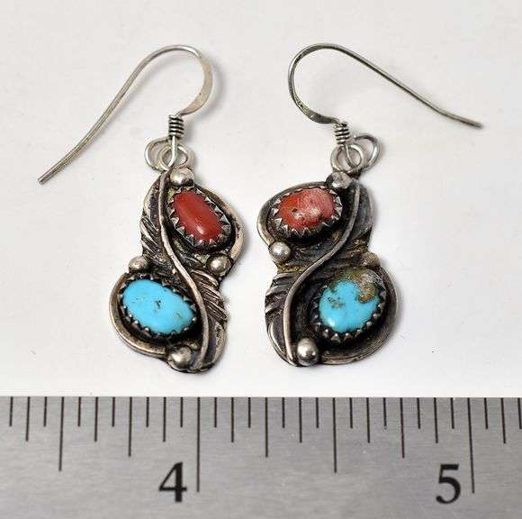 Turquoise and Coral Gemstone Dangle Earrings in Sterling Silver
