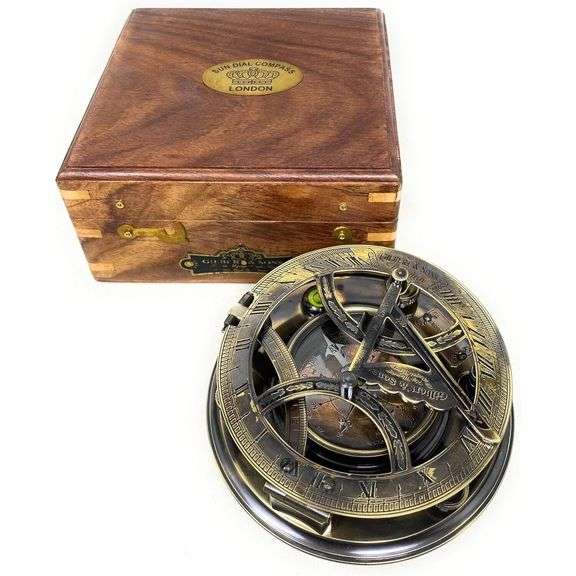 Brass Sundial Compass Nautical Clock with Rosewood Case
