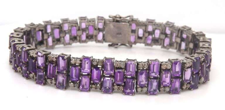 Dazzling 21.73CTW Emerald-Cut Amethyst & Diamond Bracelet in 14K White Gold Over Sterling Silver