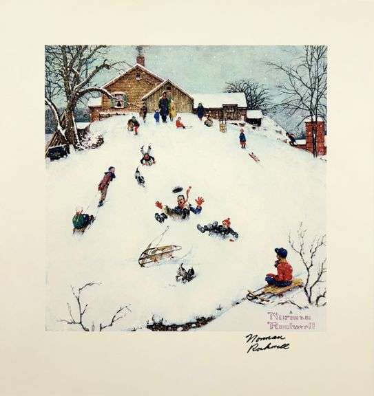 Exclusive Signed Norman Rockwell Offset Lithograph "Sledding"