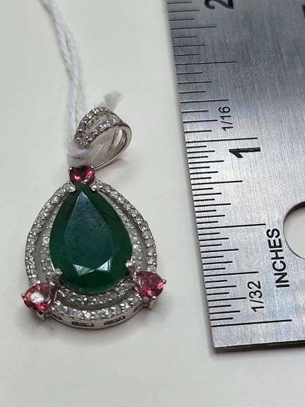 4.15ct Colombian Emerald Pendant with 0.35ct Natural Diamondsand 3 Sapphire in Sterling Silver