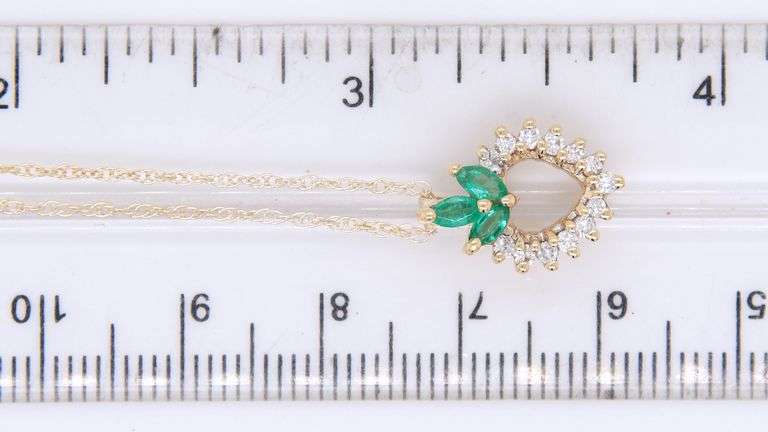 14kt Yellow Gold Emerald and Diamond Heart Shaped Pendant on Chain