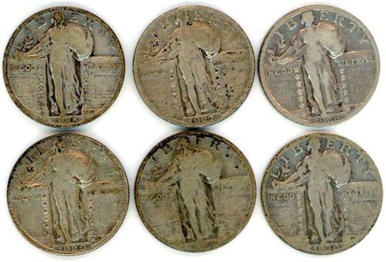 6 Assorted Standing Liberty Quarters