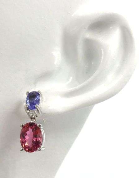 14kt White gold 1ctw tanzanite and pink tourmaline dangle earrings