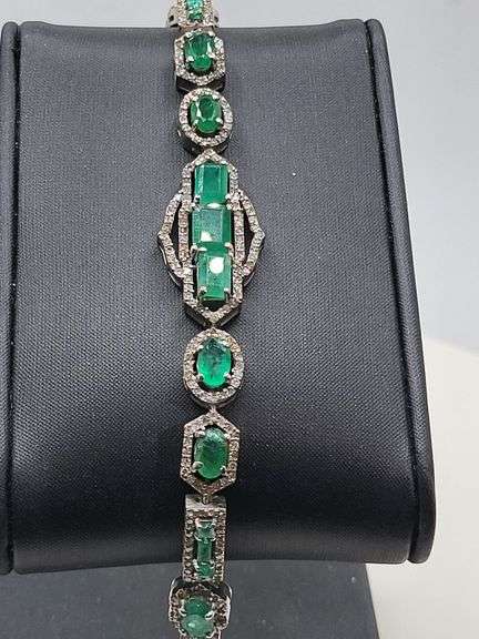 Elegant over 6.88ct Natural Colombian Emerald design and 1.66 ct diamond Bracelet-  in Sterling Silv