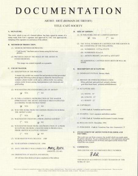 Exclusive Erte Bronze Sculpture Café Society with Certificate of Authenticity from the Publisher