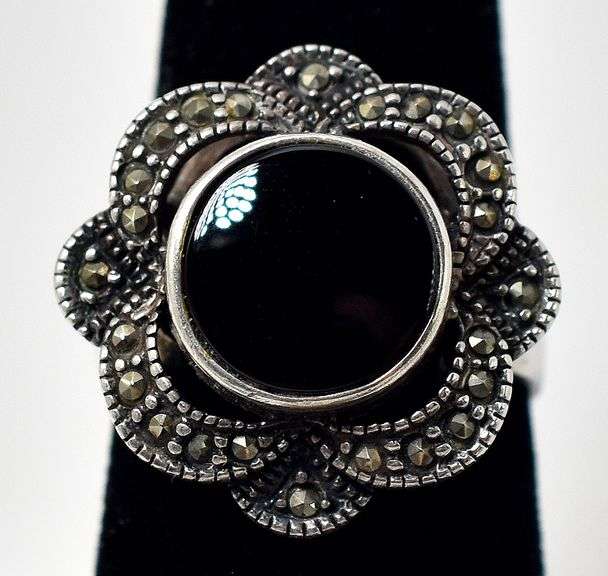 Onyx and Marcasite Ring in Sterling Silver