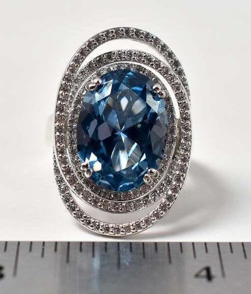 Blue Gemstone and CZ Gemstone Ring in Sterling Silver