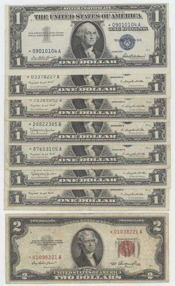 Lot of 8 Small Size STAR Notes: 7 1957 $1 and a 1953 $2 Red Seal